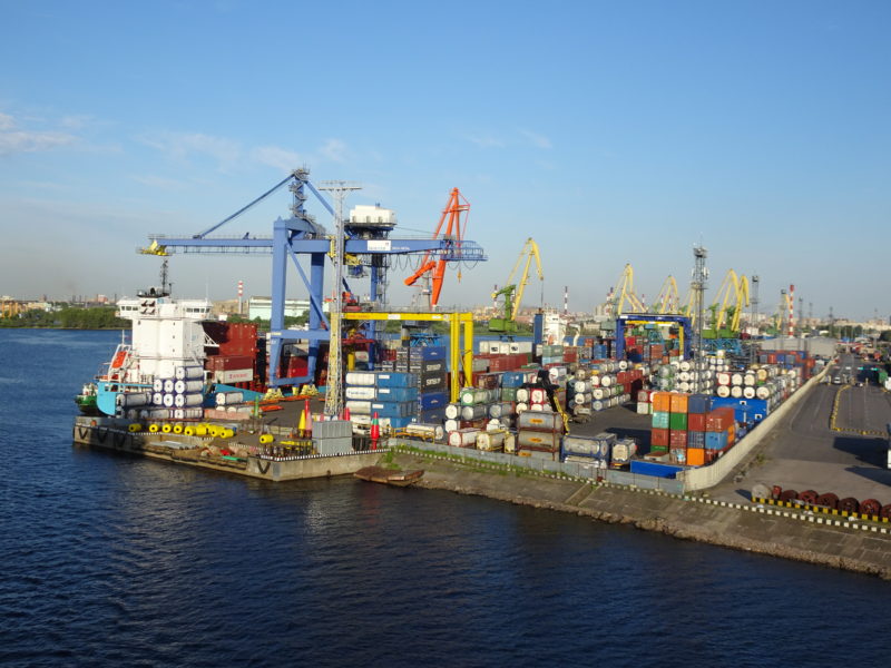 Shipping containers, ship, and cranes