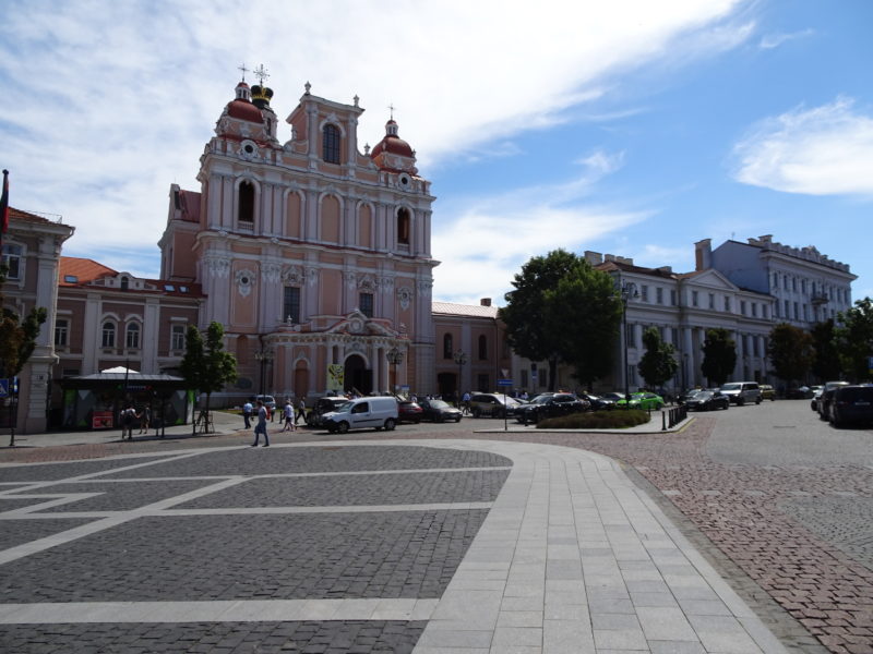 Plaza with pink building